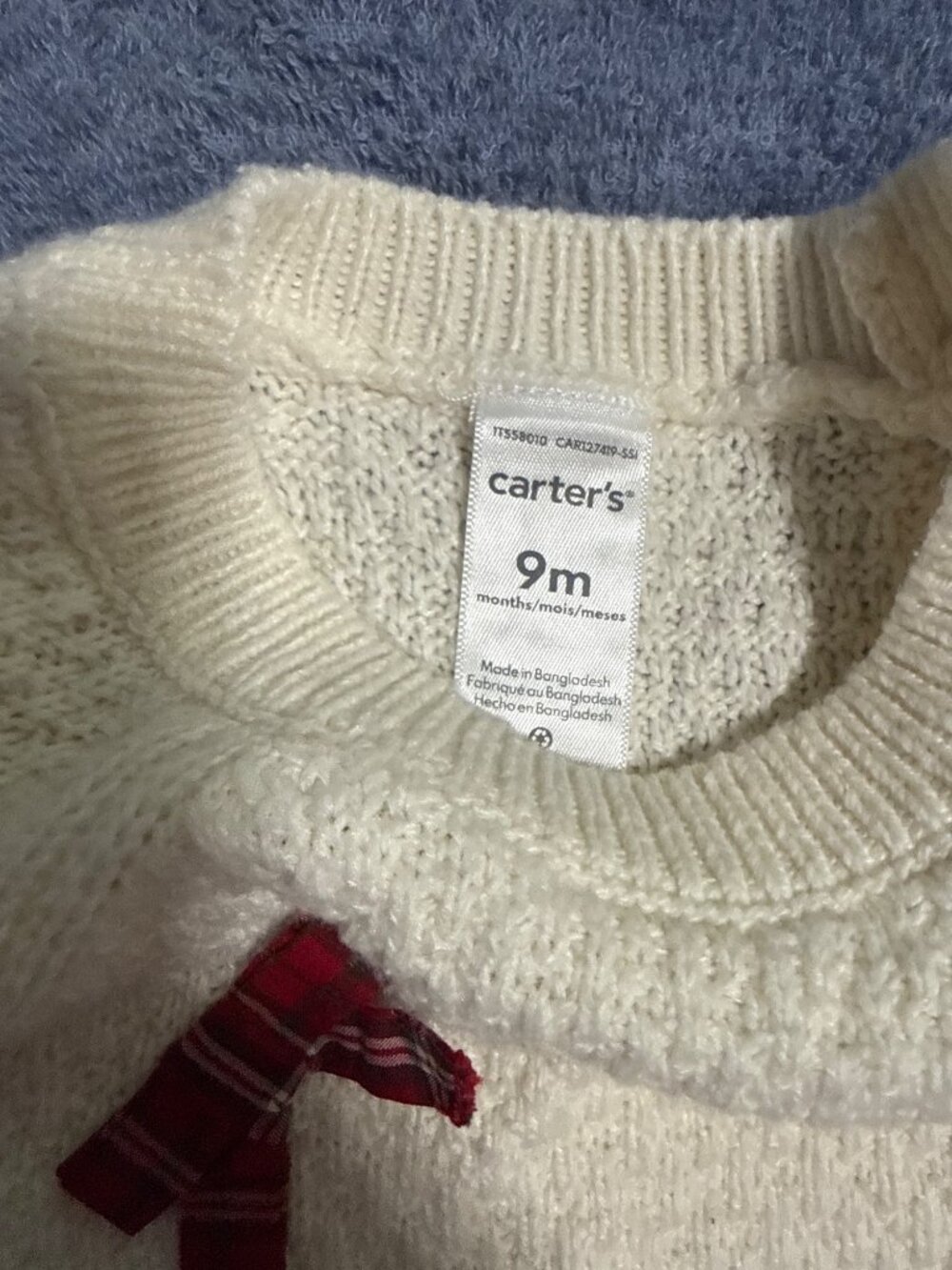 Carters Baby Girls Cream Knit Romper Red Plaid Bow Accents 9M - Picture 3 of 4